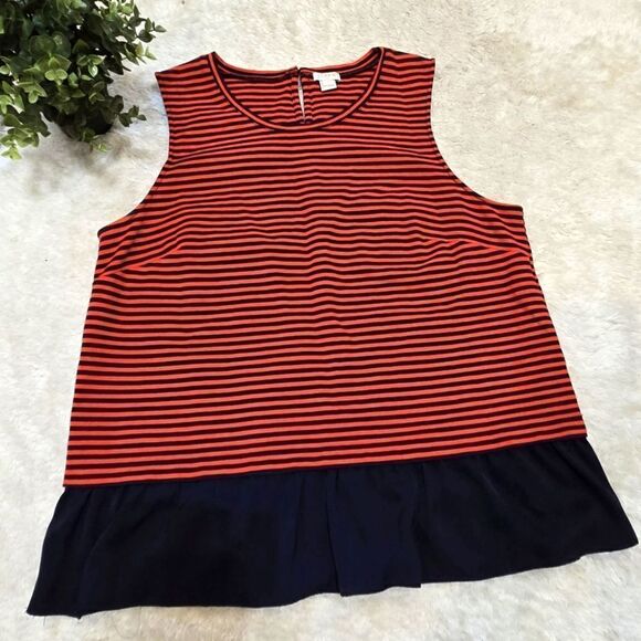 J. Crew Tops - J. Crew Factory Blue and Red Striped Tank Top with Ruffle, Size Large